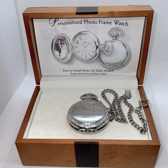 Colibri of London 17 Jewel Pocket Watch, picture frame, chain & Box Silver-tone - Picture 10 of 16
